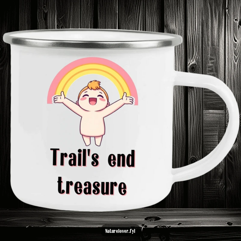 Funny camping mug featuring a character with arms outstretched, beaming at a bright rainbow, ready for outdoor cheer.