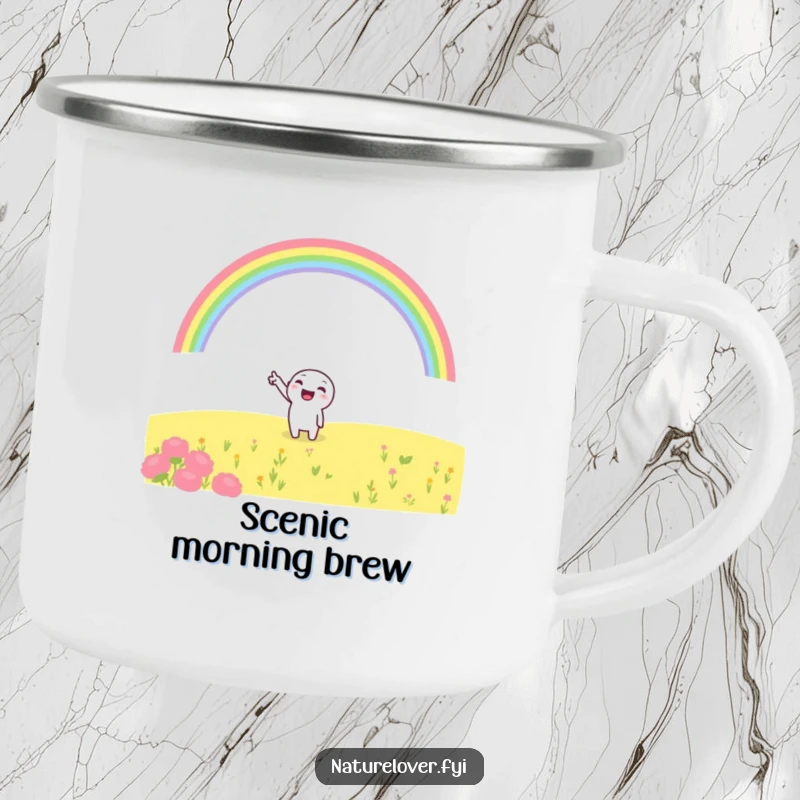 Funny camping mug with a cheerful character pointing at a rainbow, perfect for outdoor enthusiasts who love nature and optimistic designs.