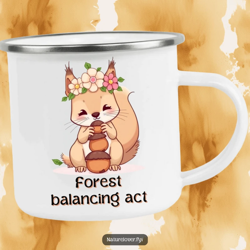 Funny camping mug showing a squirrel wearing a flower crown, humorously balancing acorns on its nose in the wild.