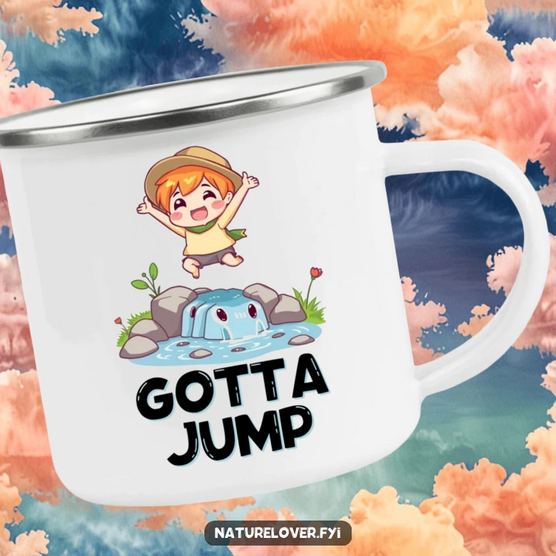 Funny Trail Jumper Camping Mug: An energetic nature lover leaps over a stream, ideal for outdoor humor.