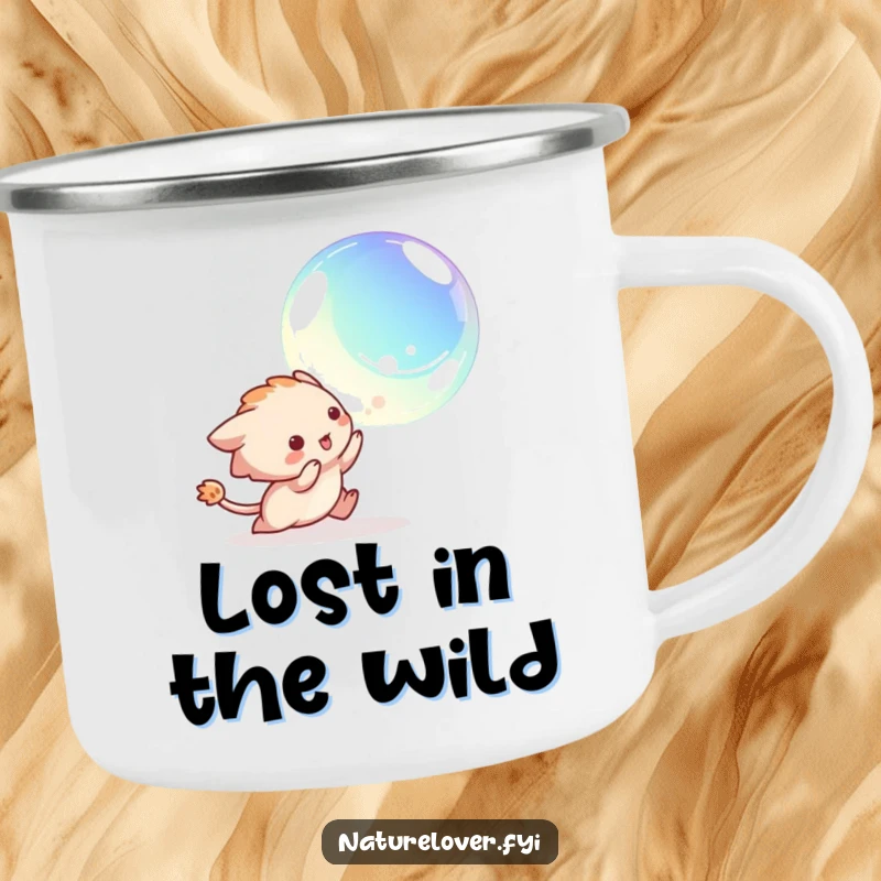 Funny camping mug with a creature joyfully chasing an iridescent bubble, perfect for cheerful outdoor sipping.