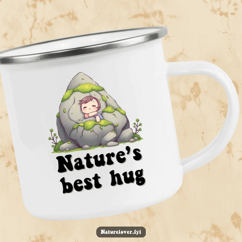 Funny camping mug with a cute character hugging a large rock, perfect for outdoor enthusiasts who appreciate nature and humor.