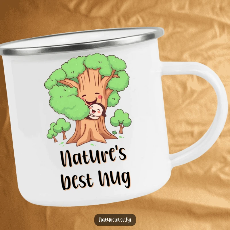 Funny Hugging Tree Camping Mug, sturdy mug with a cute character joyfully hugging a large, smiling tree, for outdoor enjoyment.