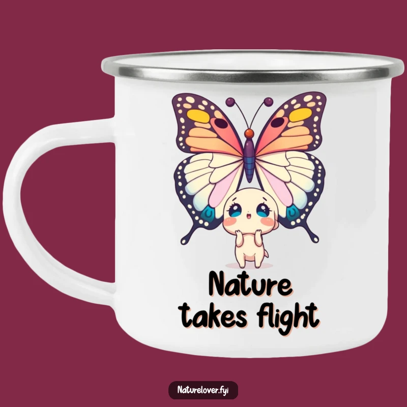 Funny Surprised Character Butterfly Camping Mug - Adventure Humor for Outdoors