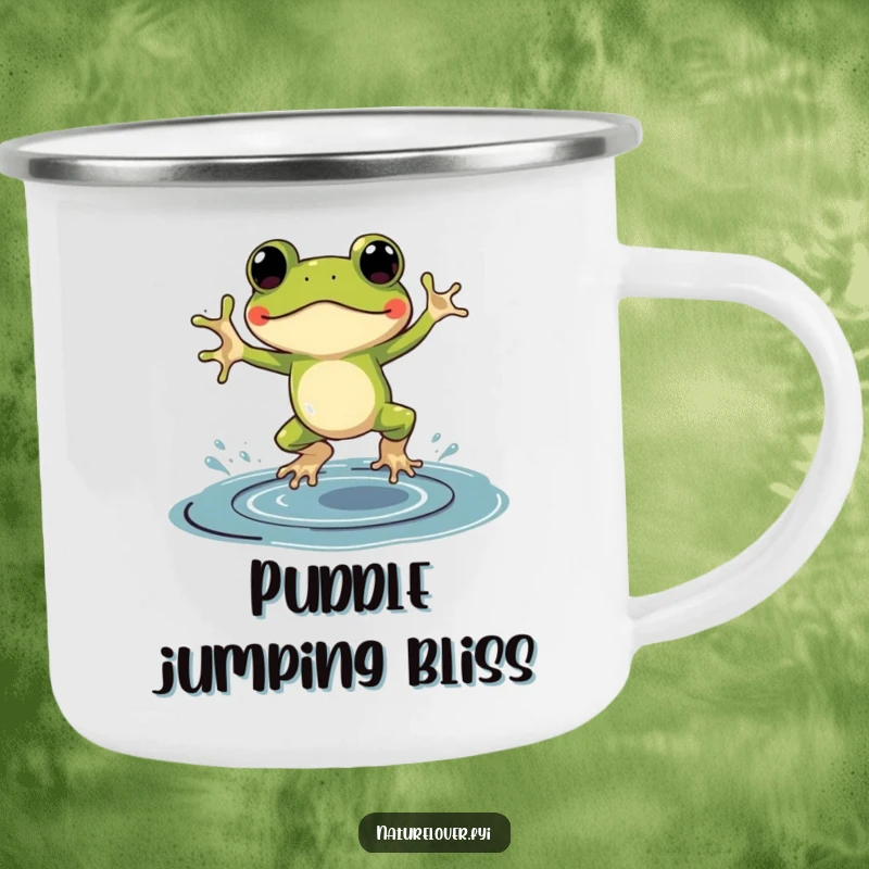 Funny camping mug showing a frog in small galoshes, enthusiastically jumping in a puddle of ink.