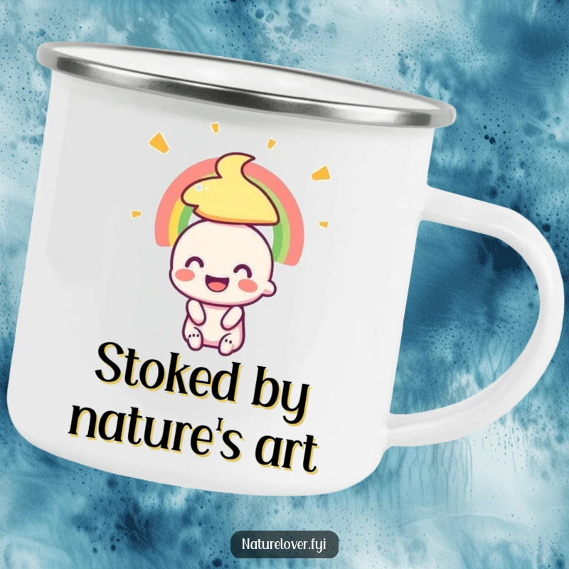 Funny camping mug with a small character's ecstatic smile admiring a colorful rainbow, designed for cheerful outdoor experiences.