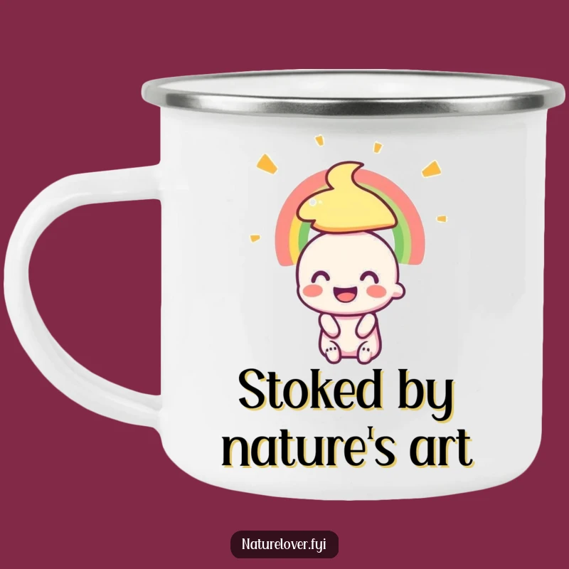 Funny Enamel Camping Mug: Tiny Character's Rainbow Joy Outdoor Gift