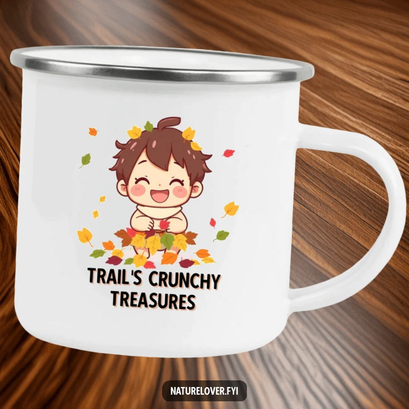 Funny camping mug graphic of a cheerful character collecting colorful autumn leaves, ideal for outdoor use.
