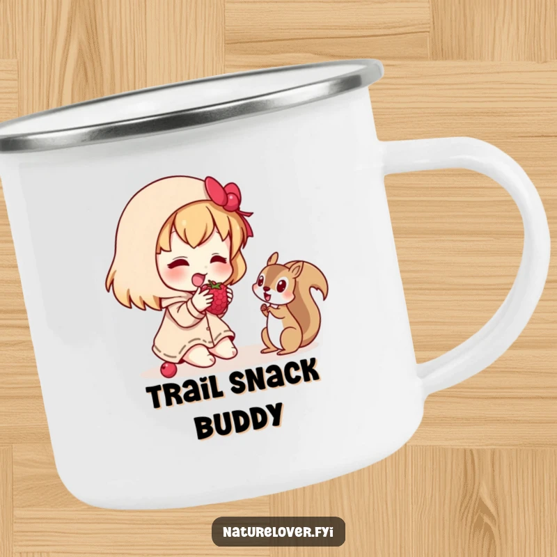 Funny camping mug showing a character sharing a berry with a squirrel, perfect for outdoor enthusiasts who appreciate kindness.