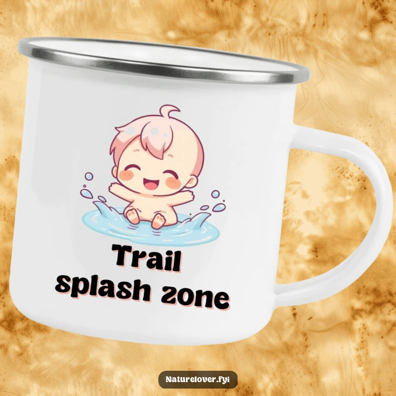 Funny camping mug with a character gleefully splashing in a tiny puddle, bringing joy to outdoor adventures.