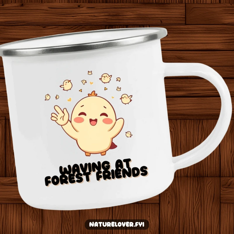 Funny Camping Mug: A happy character waves enthusiastically at a flock of tiny birds during an outdoor adventure.