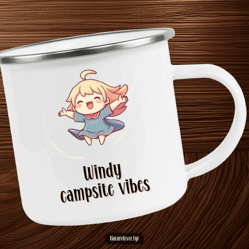 Funny joyful breeze camping mug showing a character riding a swirling breeze, ready for adventurous, free spirit outings.