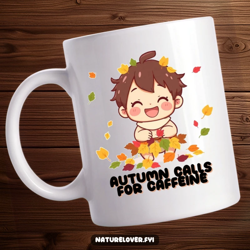 Funny mug shows a grinning character gathering vibrant autumn leaves, capturing the joy of fall.