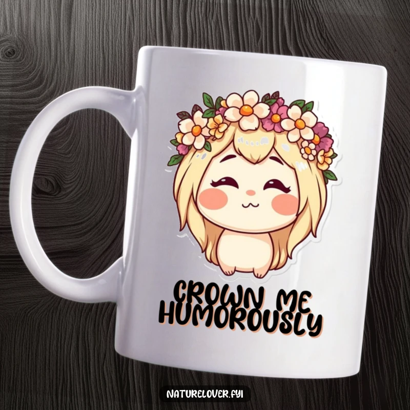 Funny mug depicting a nature lover character wearing a flower crown and making a comical, silly face, showcasing garden fun.