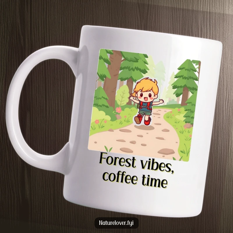Funny mug shows a character in hiking boots cheerfully skipping down a sun-dappled forest path, full of outdoor joy.