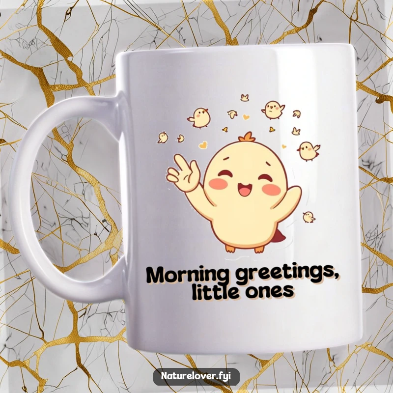 Funny Mug: A happy character enthusiastically waves hello to a group of tiny, cheerful birds.