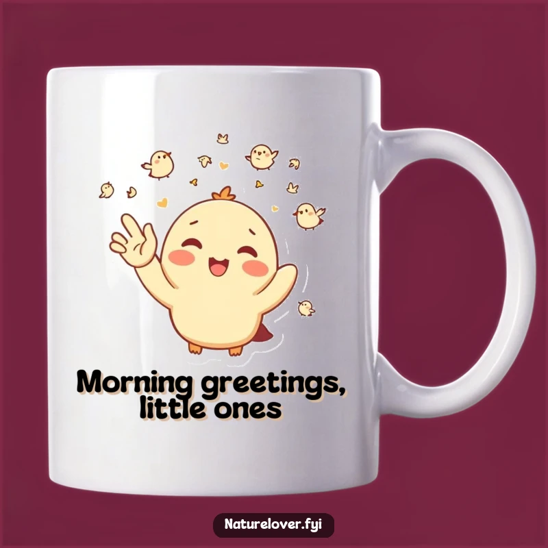 Funny Bird Greeting Mug: Happy Character Waving at Tiny Birds, Hilarious Gift