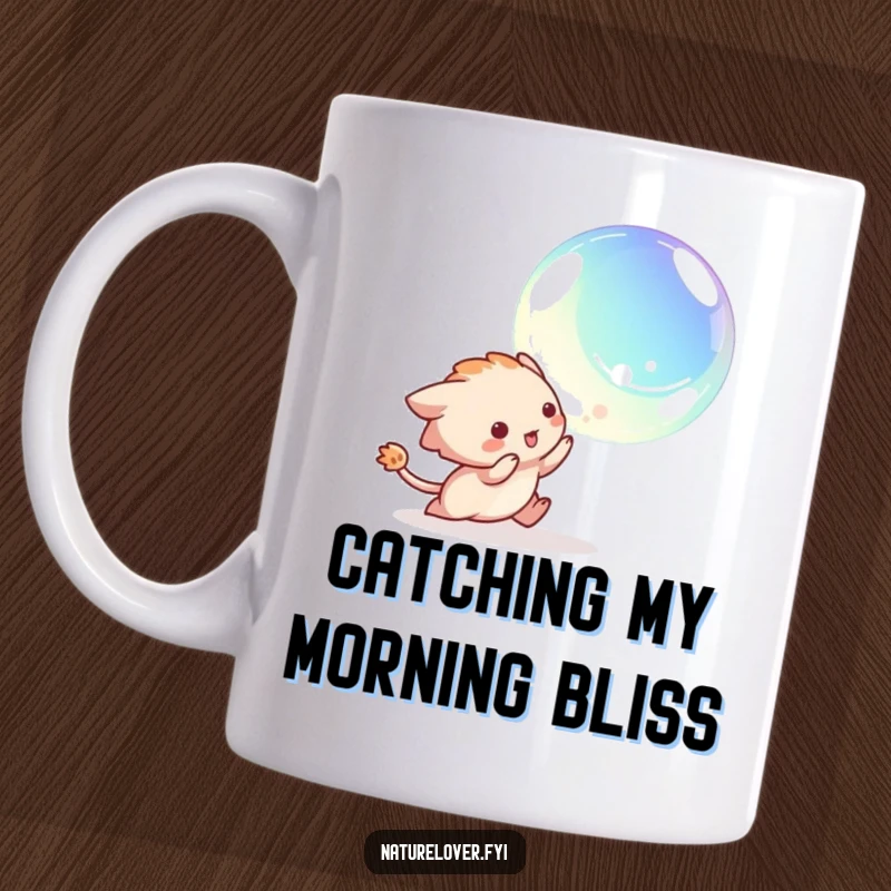 Funny mug showing a whimsical creature joyfully leaping after a shimmering, iridescent bubble, full of playful energy.