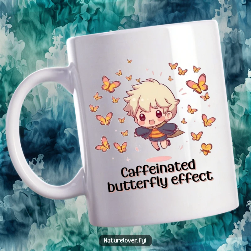 Funny mug featuring a character being playfully chased by a swarm of tiny, smiling butterflies in a whimsical scene.