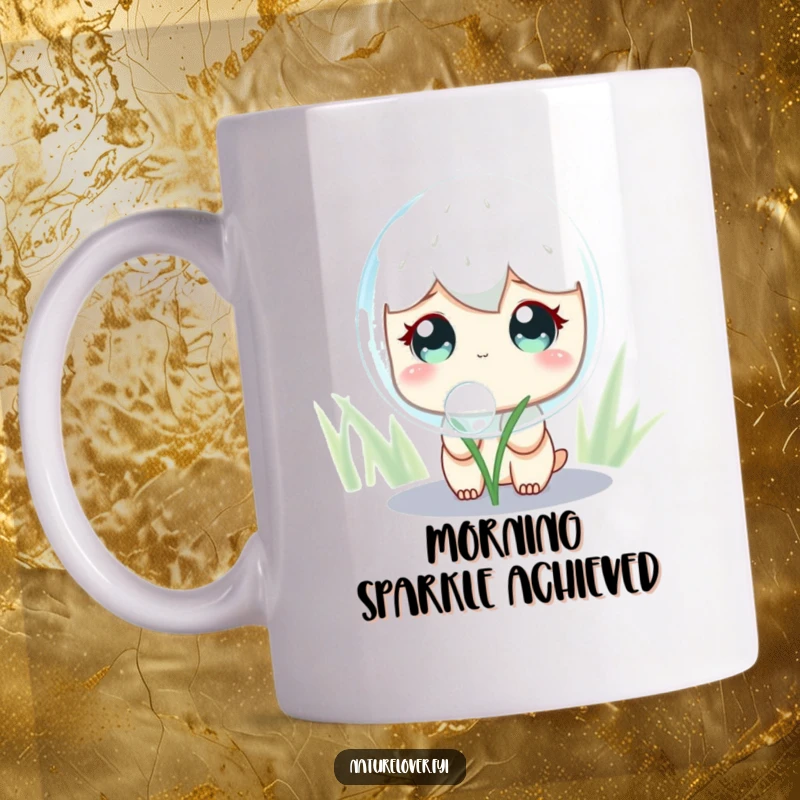 Funny Mug featuring a cute character with wide, curious eyes, marveling at a giant, shimmering dewdrop, showing pure awe and delight.