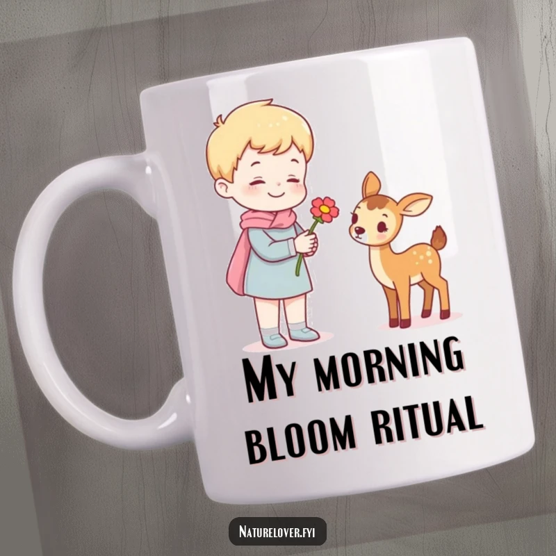 Funny mug with a cheerful person offering a bright flower to a tiny, friendly deer in a heartwarming, humorous scene.