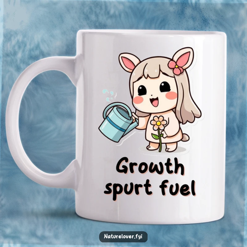 Funny mug showing a smiling character gently watering a tiny, wilting flower, symbolizing funny hope and nurturing care.