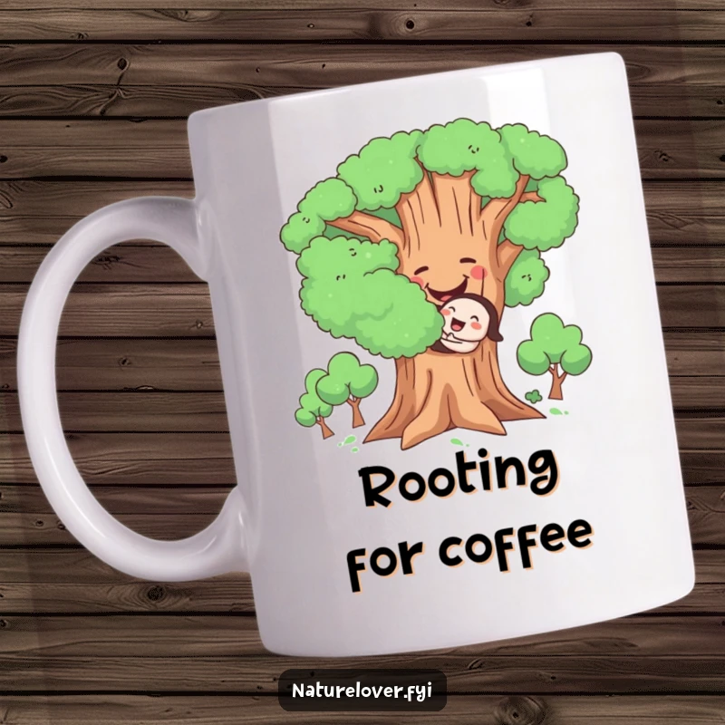 Funny Hugging Tree Mug, cute character joyfully hugging a large, smiling tree, conveying love for nature, perfect gift.