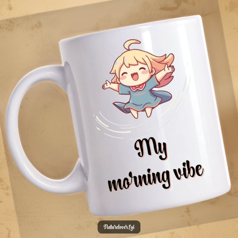 Funny mug showing a small character with arms wide, joyfully riding a swirling breeze, embodying freedom and happiness.