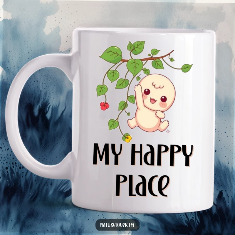 Funny mug with a kawaii character playfully dangling from a vine, exuding cuteness and lightheartedness.