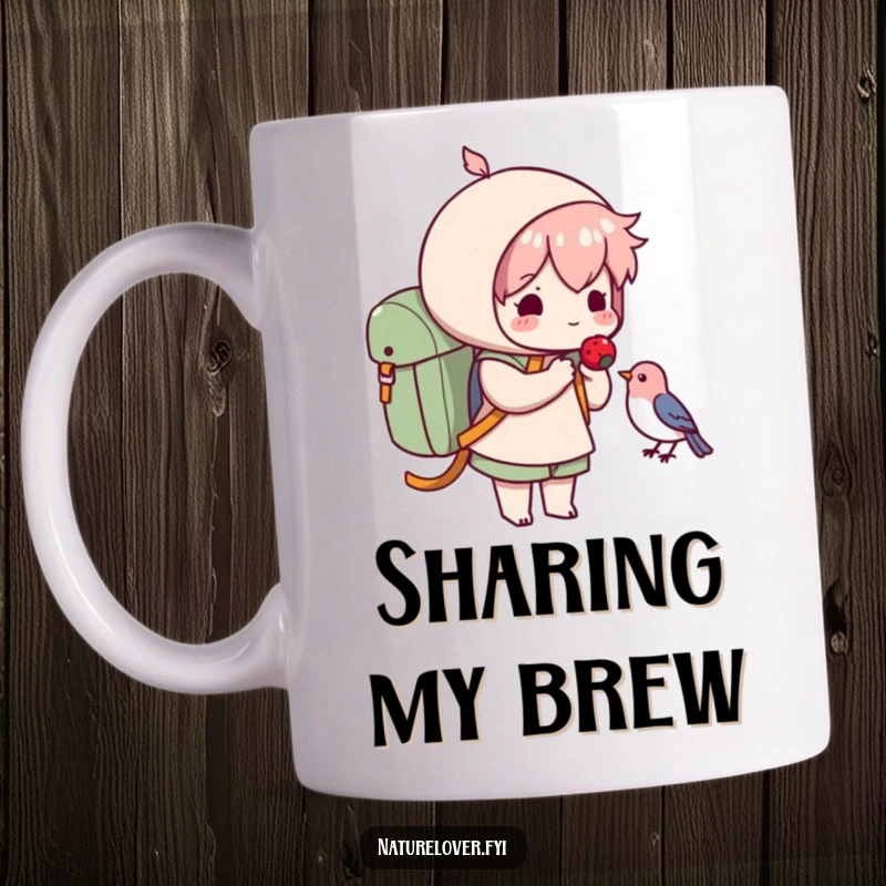 Funny mug showing a cute character with a backpack offering a berry to a small bird, symbolizing funny generosity and interspecies friendship.