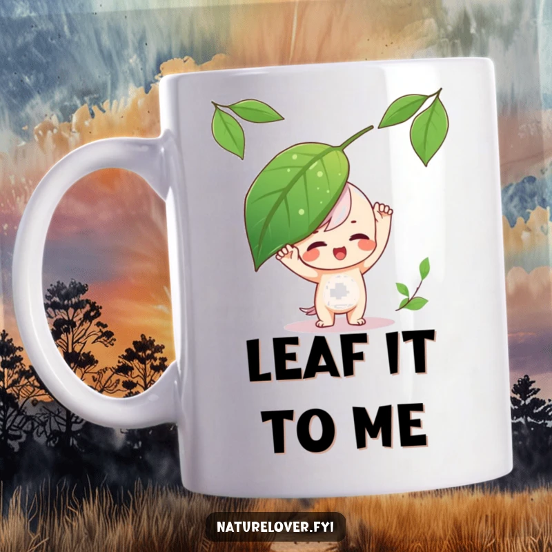Funny Mug: a playful character humorously balancing a large leaf on its head, showcasing fun.