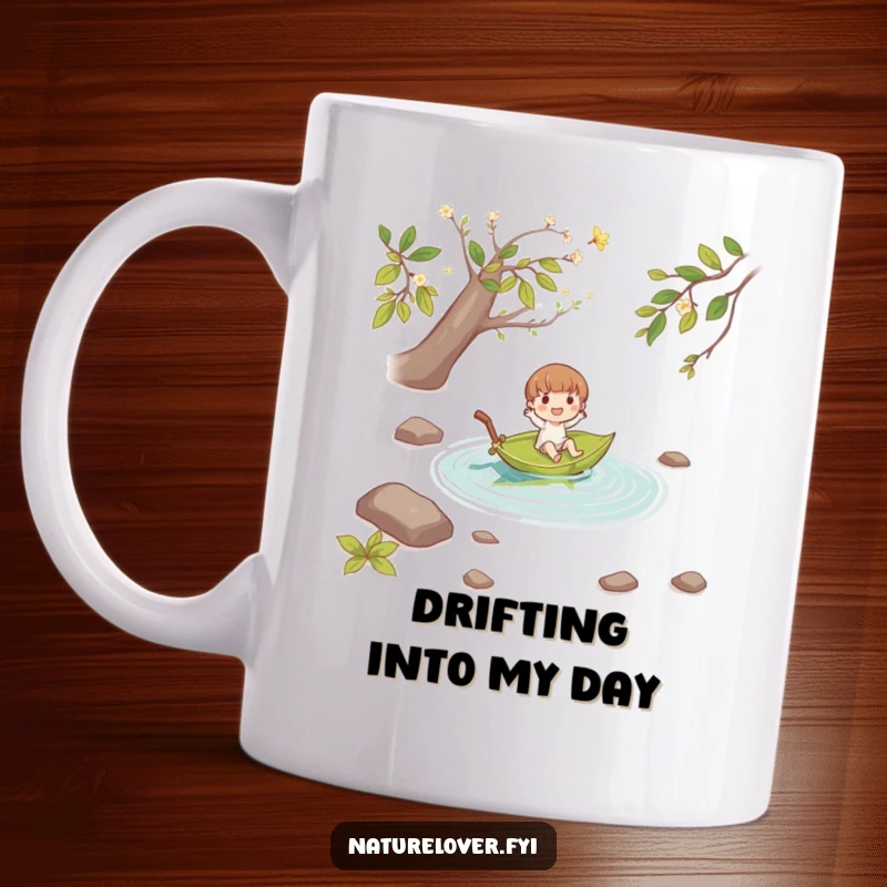 Funny small character joyfully floating down a stream on a fallen leaf boat, bringing peace to this ceramic coffee mug.