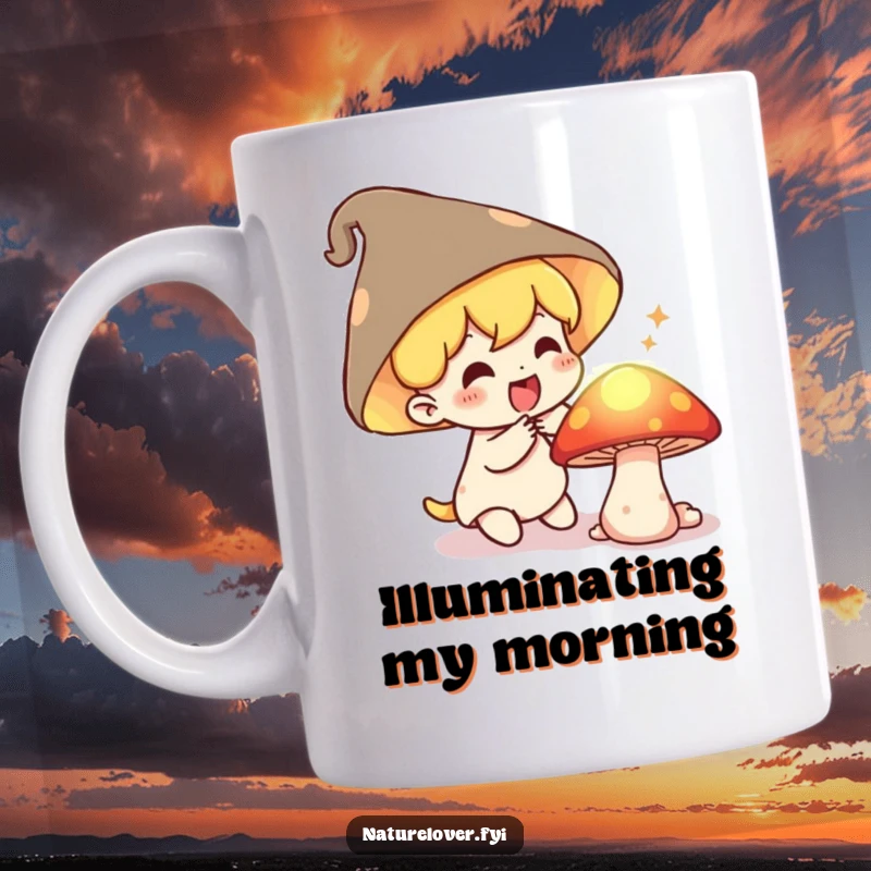 Funny Mug: A small character gasps in delight discovering a secret, glowing mushroom, capturing a moment of magical surprise.