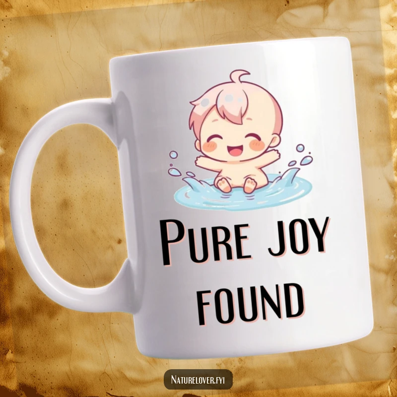 Funny mug with a character gleefully splashing with both feet in a very small puddle, radiating pure happiness.
