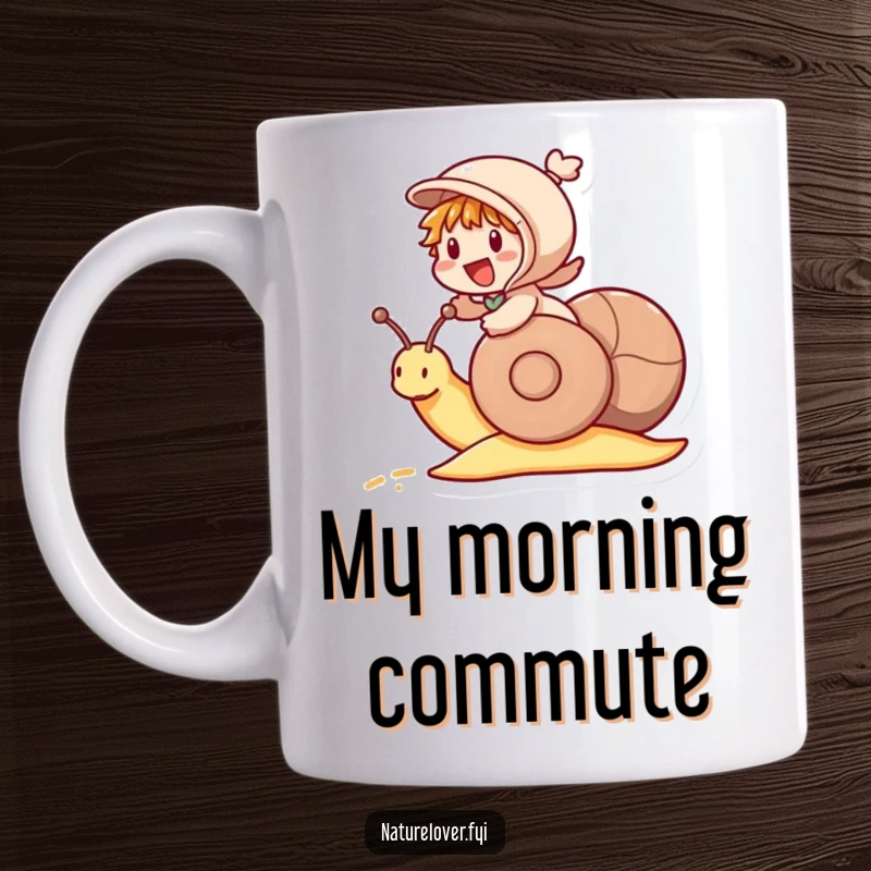 Funny mug showing a little character excitedly riding a snail as if it were a racehorse, a humorous take on speed.