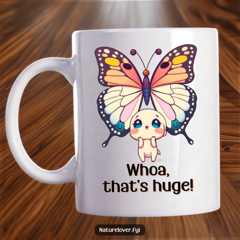 Funny mug with a cute character expressing shock at a giant, colossal butterfly hovering above. Perfect nature humor gift.