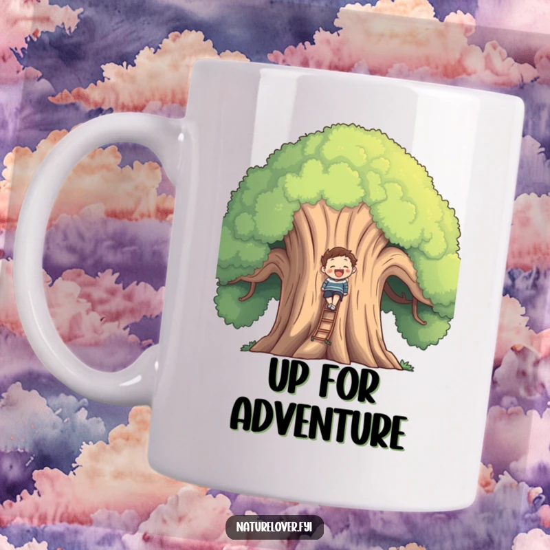 Funny smiling figure attempting to climb a huge, welcoming tree, depicted on this cheerful mug.