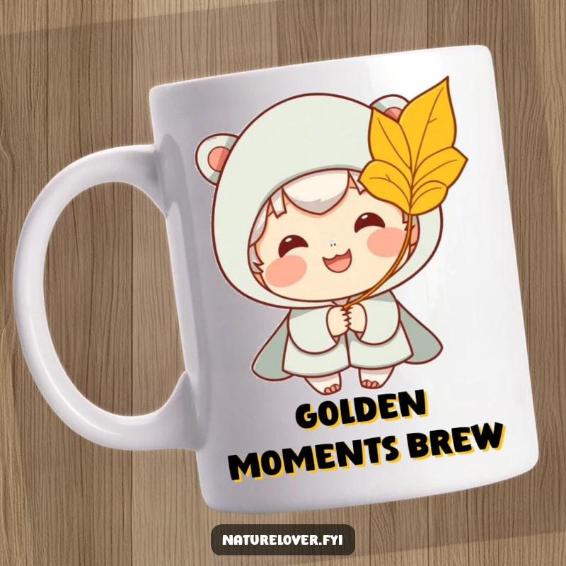 Funny mug featuring a smiling character happily catching a golden leaf from a gentle breeze, evoking autumn's whimsical charm.