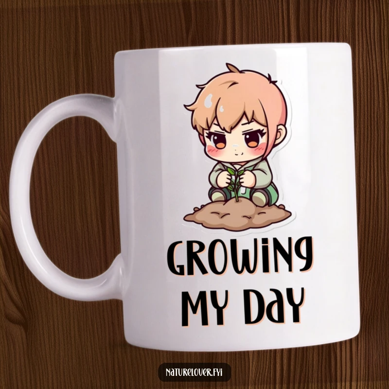 Funny mug: cute character determinedly plants a small seed with great care. Inspiring gardening humor gift.