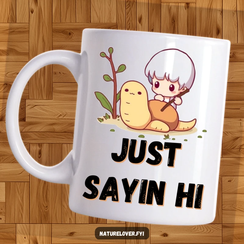 Funny Worm Poking Mug: A small, curious character pokes a friendly worm with a twig, bringing a smile.