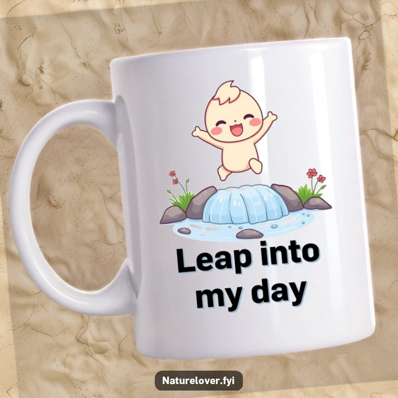 Funny mug depicting a happy character joyfully leaping over a small, bubbling stream, full of energy and delight.
