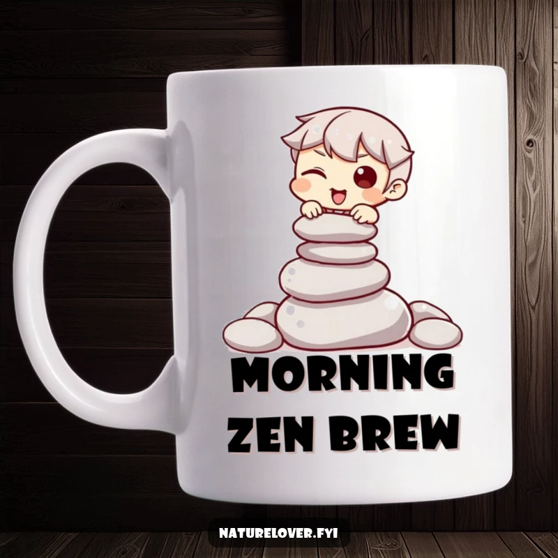 Funny mug with a character winking playfully while attempting to balance a precarious pile of smooth stones.