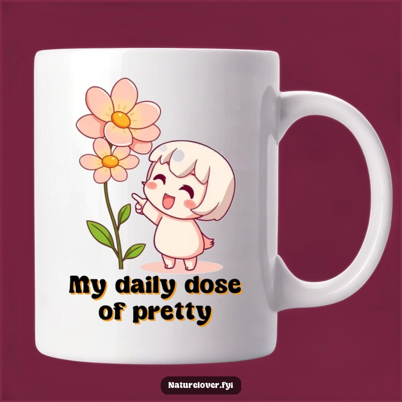 Funny Flower Admirer Mug: Cute Character's Joyful Bloom Moment, Perfect Nature Gift