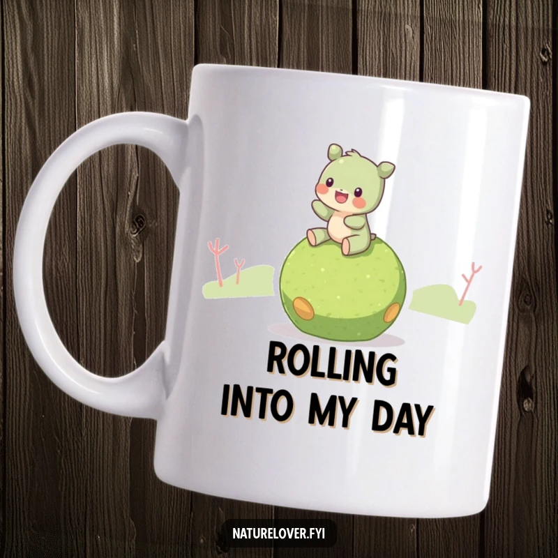 Funny Moss Ball Rider Mug: A creature joyfully riding a gentle, rolling moss ball, symbolizing peace and nature.