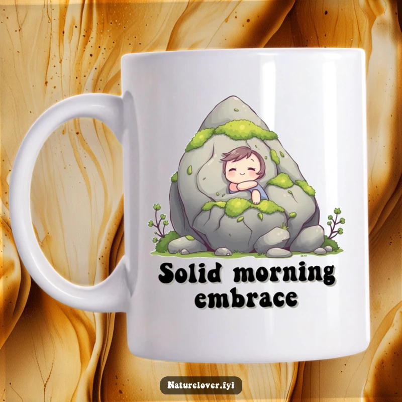 Funny mug showing a cute character happily hugging a massive, moss-covered rock, conveying a deep connection with nature and joy.