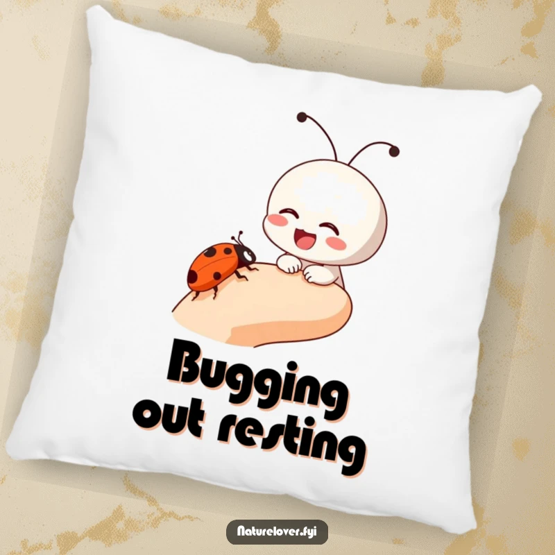 Funny pillow with a small character laughing as a ladybug crawls on its finger, offering comfort and humorous decor.