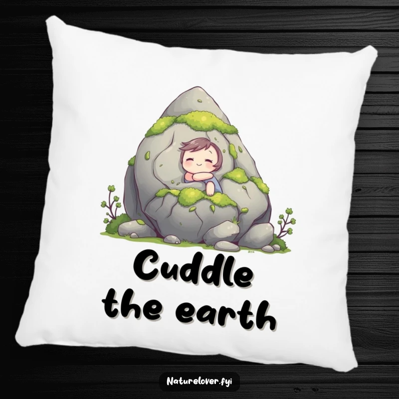 Funny pillow with a happy, cute character hugging a large, mossy rock, adding a touch of whimsical nature-inspired humor.