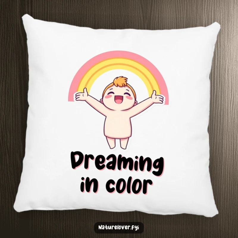 Funny pillow with a character holding arms outstretched, beaming with joy at a bright, colorful rainbow, adding cozy cheer.