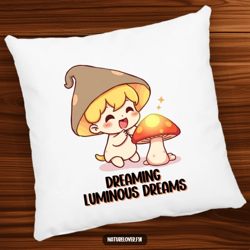 Funny Pillow: Small character gasps in delight discovering a secret, glowing mushroom, bringing enchanted comfort.