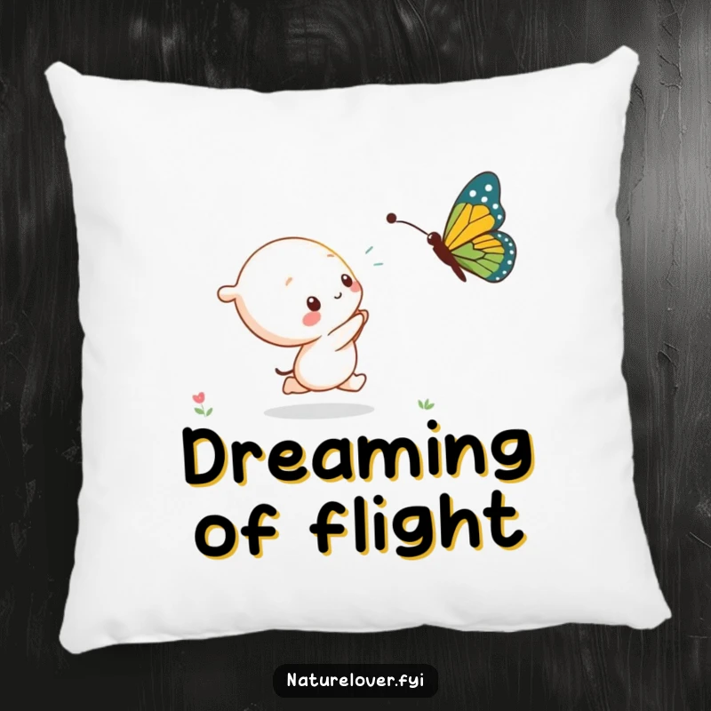 Funny kawaii character joyfully pursuing a comically oversized butterfly, bringing whimsy to this soft pillow.